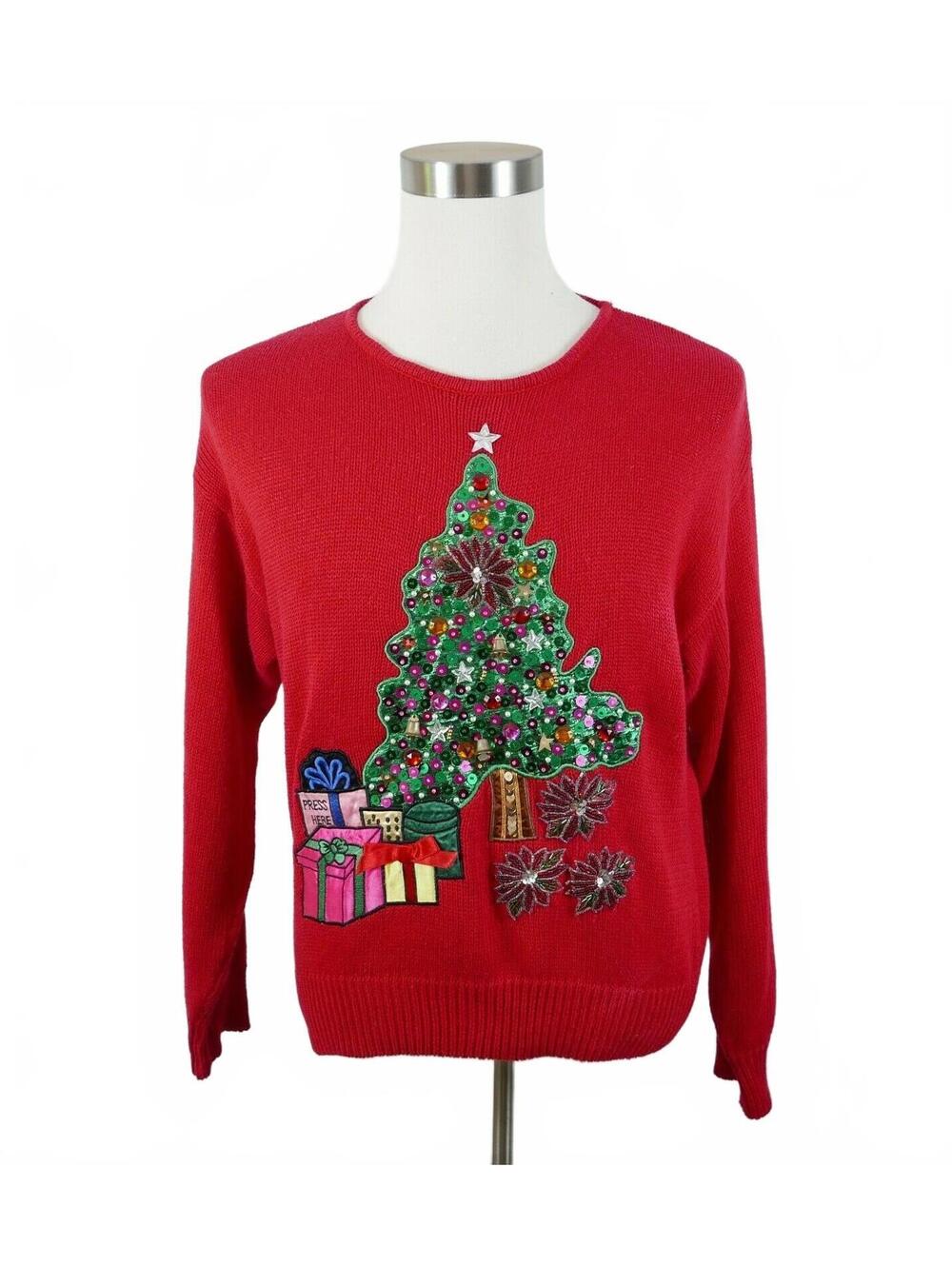 Work In Progress Womens Ramie Blend Red Ugly Christmas Sweater Sequin Tree M